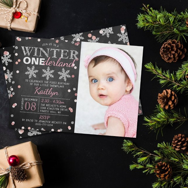 Winter ONEderland Chalkboard 1st Birthday Photo Invitation (Creator Uploaded)