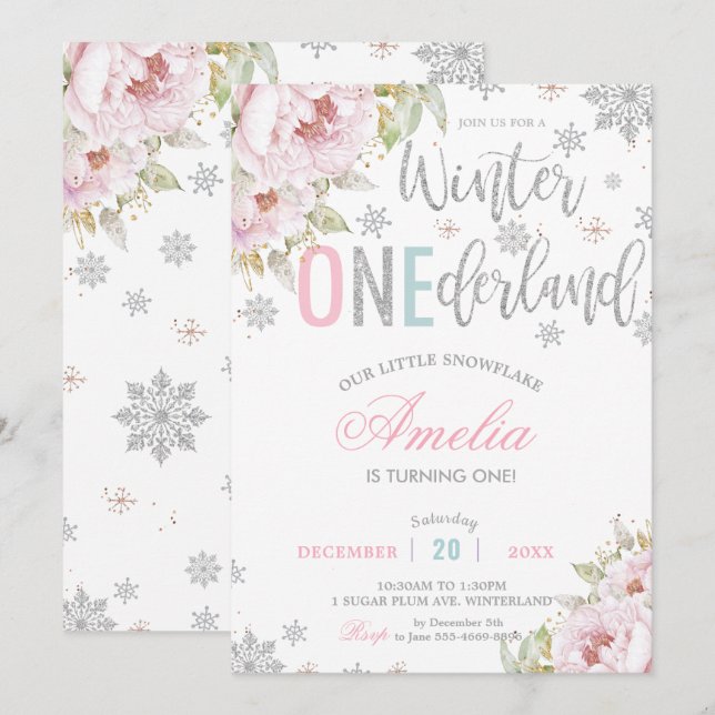 Winter Onederland Christmas Baby Girl 1st Birthday Invitation (Front/Back)
