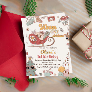 Winter ONEderland Christmas Groovy Birthday  Invitation