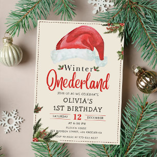 Winter ONEderland Christmas Santa Hat Birthday Invitation