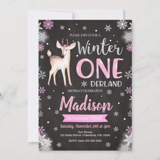 Winter ONEderland Deer 1st Birthday Invitation (Front)