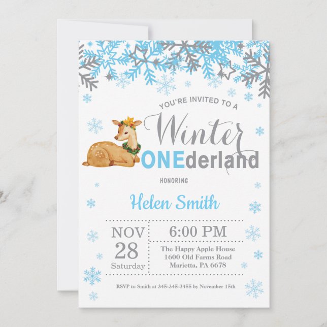 Winter Onederland Deer Boy 1st Birthday Invitation (Front)