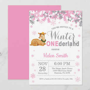 Winter Onederland Deer Girl 1st Birthday Invitation