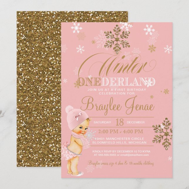 Winter Onederland First Birthday Blonde Baby Girl  Invitation (Front/Back)