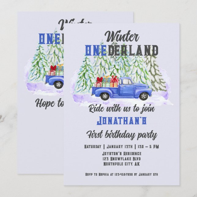 Winter Onederland First Birthday Blue Truck Boys Invitation (Front/Back)