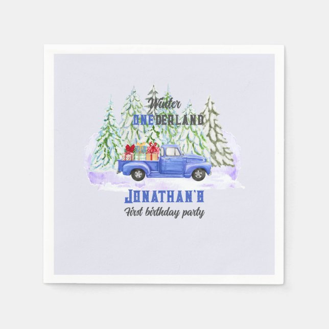 Winter Onederland First Birthday blue truck presen Napkin (Front)