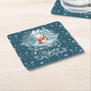 Winter Onederland First Birthday Cute Bear blue Square Paper Coaster