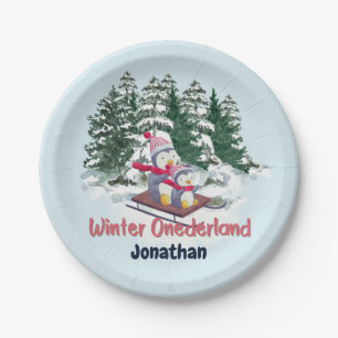 Winter Onederland First Birthday Cute Penguins on Paper Plate