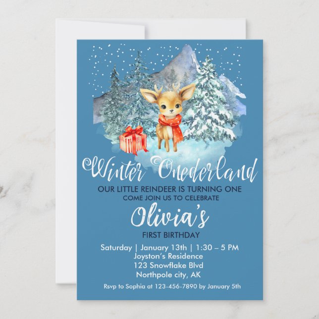 Winter Onederland First Birthday Cute Reindeer Invitation (Front)