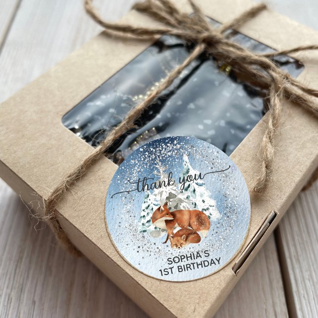 Winter ONEderland First Birthday Fox Thank You Classic Round Sticker (Creator Uploaded)