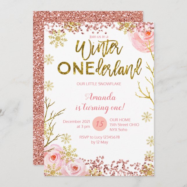 Winter ONEderland First Birthday Invitation Pink (Front/Back)