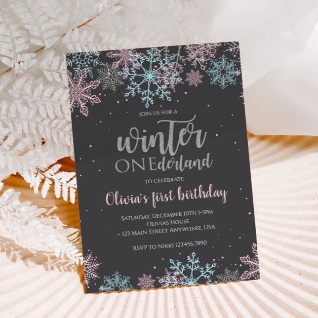 Winter Onederland First Birthday Pink Blue Snow Invitation (Creator Uploaded)