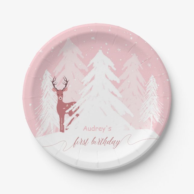 Winter Onederland First Birthday Pink Paper Plate (Front)