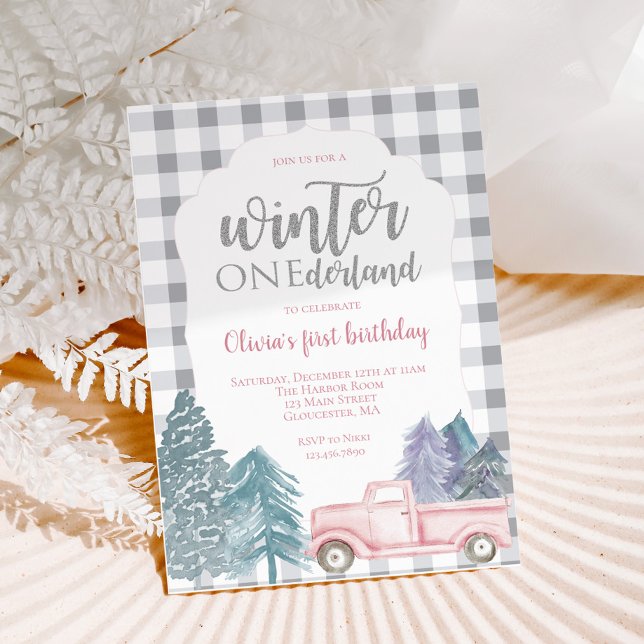 Winter Onederland First Birthday pink truck Invita Invitation (Creator Uploaded)