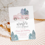 Winter Onederland First Birthday pink truck Invitation<br><div class="desc">Winter Onederland first birthday party with pink Truck with Trees first birthday party invitation.</div>