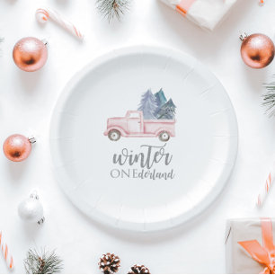 Winter Onederland First Birthday pink truck Paper Plate