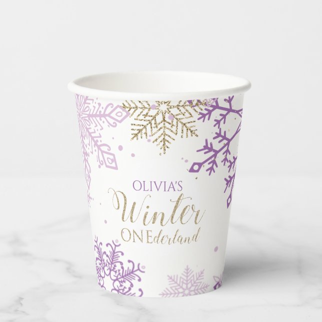 Winter Onederland first birthday purple gold Paper Cups (Front)