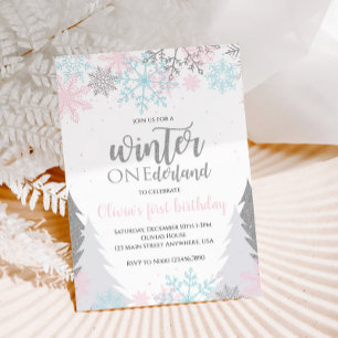 Winter Onederland First Birthday Snowflakes Trees Invitation