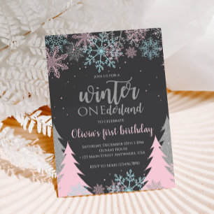 Winter Onederland First Birthday Snowflakes Trees Invitation