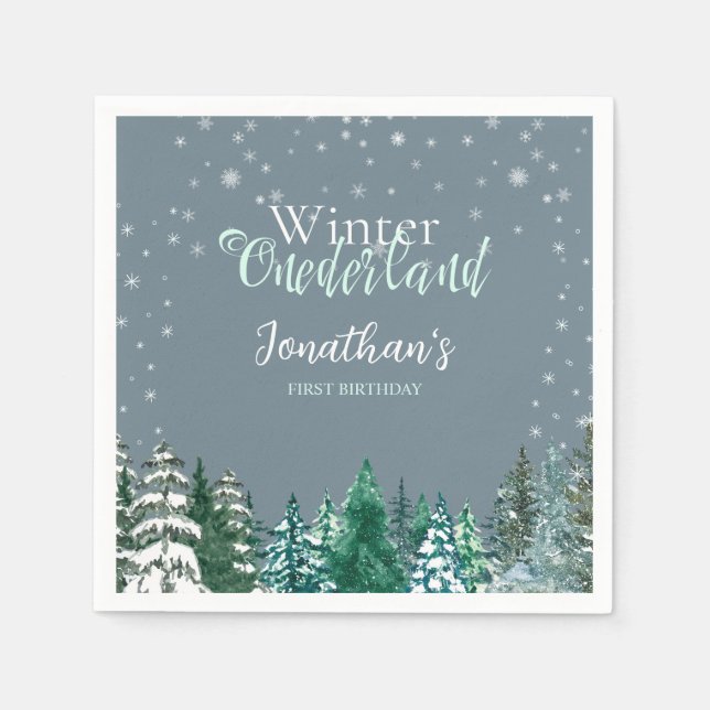 Winter Onederland First Birthday snowy landscape  Napkin (Front)