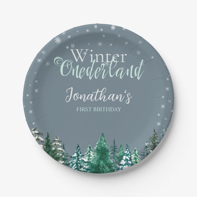 Winter Onederland First Birthday snowy landscape  Paper Plate (Front)