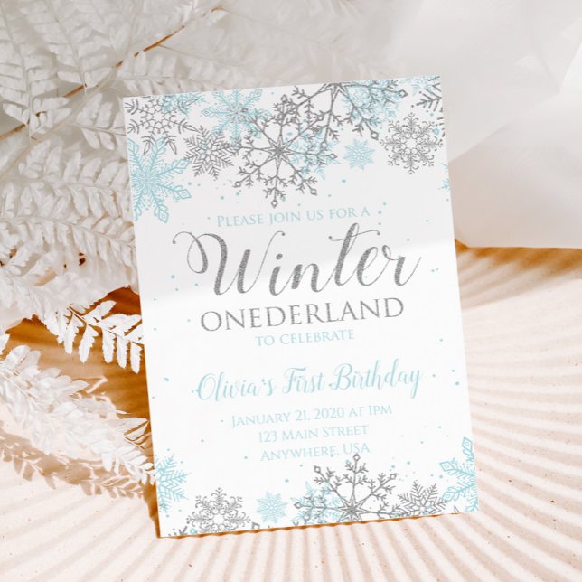 Winter Onederland First Birthday teal snowflakes Invitation (Creator Uploaded)