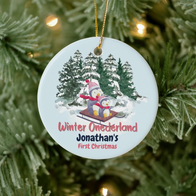 Winter Onederland First Christmas Cute Penguins Ceramic Tree Decoration (Tree)