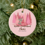 Winter Onederland First Christmas Deer Pink Forest Ceramic Tree Decoration<br><div class="desc">"Pink Pines & Precious Reindeer": Celebrate the joy of your child's first Christmas with this heartwarming design. A charming baby reindeer steals the show against a pink forest of pine trees, creating a picture-perfect setting for your little one's special day. Use the “personalise” button to change the text to your...</div>