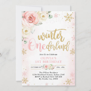 Winter ONEderland Floral Girl 1st Birthday Invitation