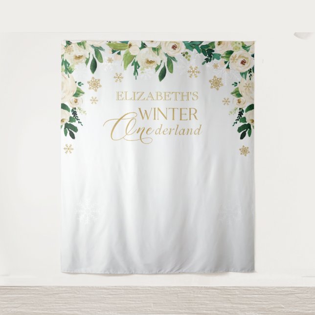 Winter Onederland Floral snowflakes backdrop Tapestry (Front)
