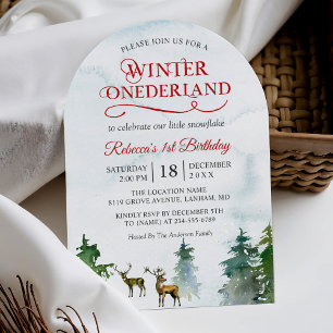 Winter ONEderland Forest Deer Baby First Birthday Invitation