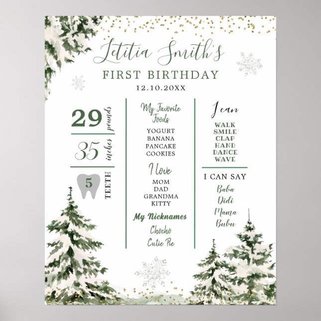 Winter Onederland Forest First Birthday Milestone Poster (Front)
