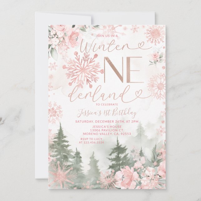 Winter Onederland Forest Pink Snowflake Birthday Invitation (Front)