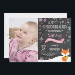 Winter Onederland Fox 1st Birthday Invitation<br><div class="desc">Winter Onederland Fox 1st Birthday Invitation with custom photo. Fox. Pink and White Snowflake. First Birthday. Girl 1st Bday Invite. Chalkboard Background. Black and White. For further customisation,  please click the "Customise it" button and use our design tool to modify this template.</div>