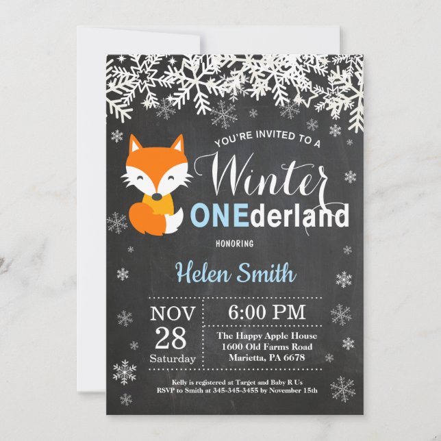 Winter Onederland Fox Boy 1st Birthday Invitation (Front)