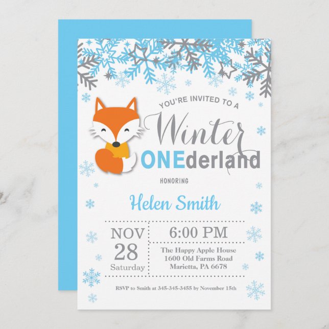 Winter Onederland Fox Boy 1st Birthday Invitation (Front/Back)
