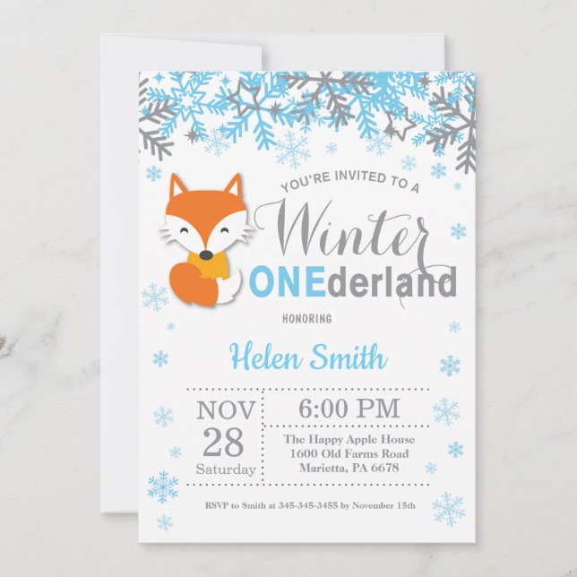 Winter Onederland Fox Boy 1st Birthday Invitation (Front)