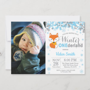Winter Onederland Fox Boy 1st Birthday Photo Invitation