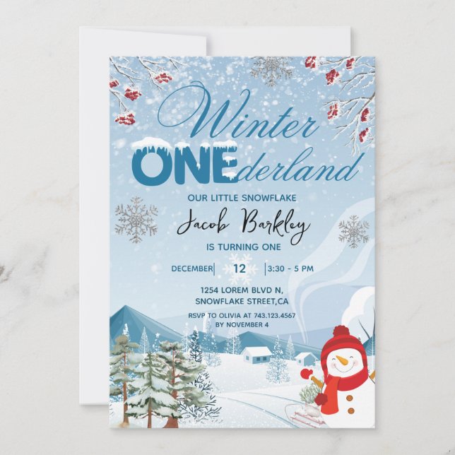 Winter ONEderland gender neutral 1st Birthday Invitation (Front)