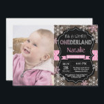 Winter Onederland Girl 1st Birthday Invitation<br><div class="desc">Winter Onederland Girl 1st Birthday Invitation with custom photo. Pink and White Snowflake. First Birthday. Girl 1st Bday Invite. Rustic Wood Chalkboard Background. Black and White. Pink Ribbon. For further customisation,  please click the "Customise it" button and use our design tool to modify this template.</div>