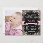 Winter Onederland Girl 1st Birthday Invitation<br><div class="desc">Winter Onederland Girl 1st Birthday Invitation with custom photo. Pink and White Snowflake. First Birthday. Girl 1st Bday Invite. Rustic Wood Chalkboard Background. Black and White. Pink Ribbon. For further customisation,  please click the "Customise it" button and use our design tool to modify this template.</div>