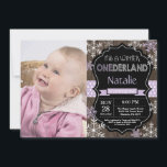 Winter Onederland Girl 1st Birthday Invitation<br><div class="desc">Winter Onederland Girl 1st Birthday Invitation with custom photo. Purple Lilac Lavender and White Snowflake. First Birthday. Girl 1st Bday Invite. Rustic Wood Chalkboard Background. Black and White. Purple Ribbon. For further customisation,  please click the "Customise it" button and use our design tool to modify this template.</div>