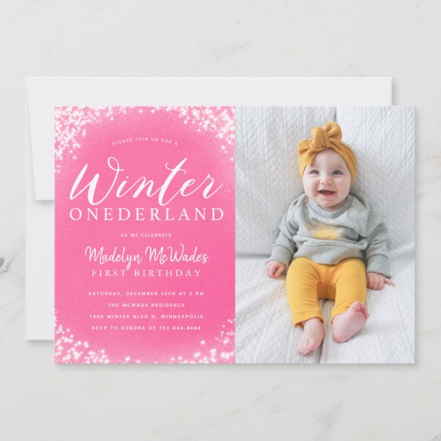 Winter Onederland Girl 1st Birthday Party Photo Invitation (Front)