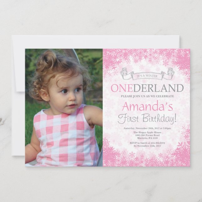 Winter Onederland Girl 1st Birthday Photo Invitation (Front)