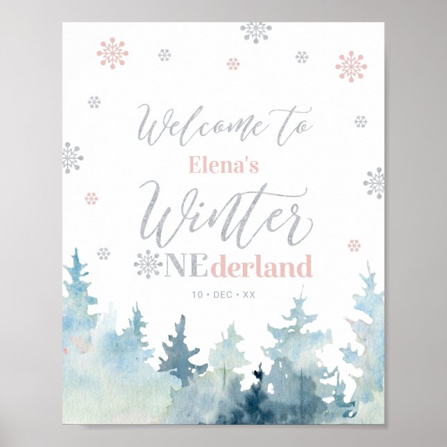 Winter onederland Girl 1st Birthday Welcome Sign (Front)