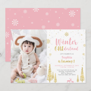 Winter Onederland, Girl 1st Photo Birthday Invitation