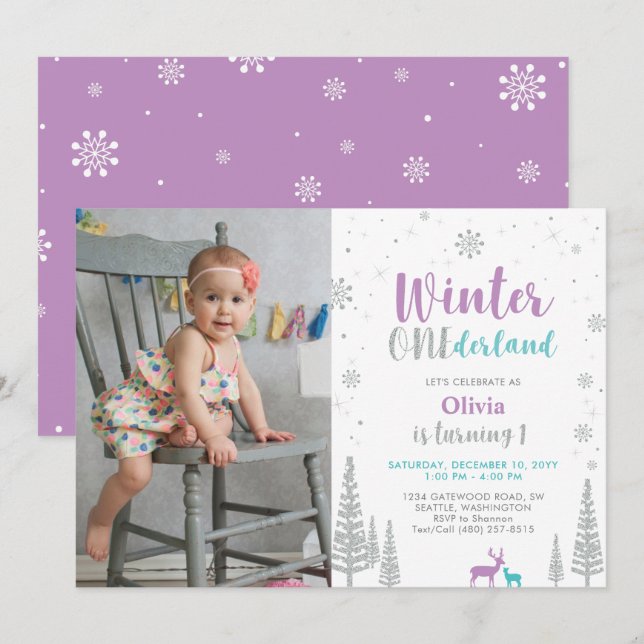Winter Onederland, Girl 1st Photo Birthday Invitation (Front/Back)