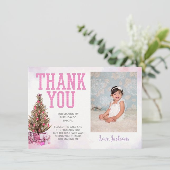 Winter Onederland Girl Birthday Thank You Card (Standing Front)