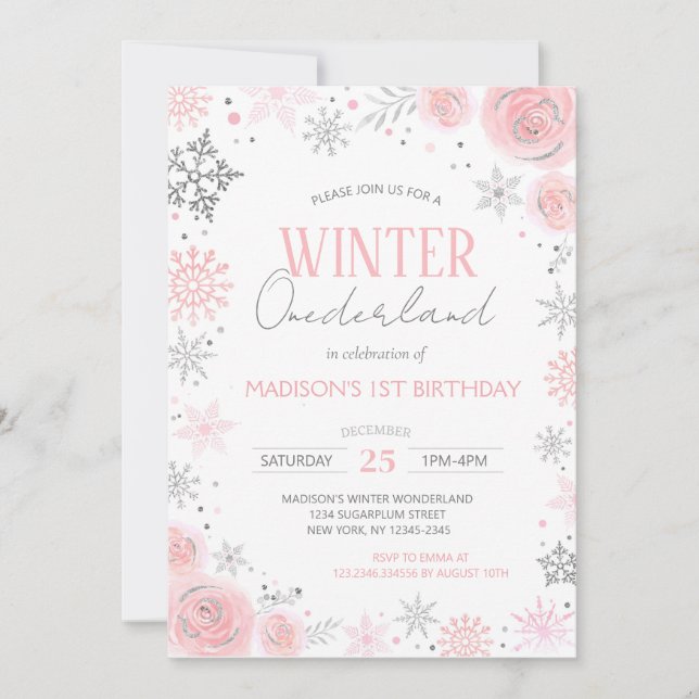 Winter Onederland Girl First 1st Birthday Invitation (Front)