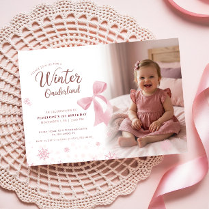Winter Onederland Girl Photo First Birthday Party Invitation
